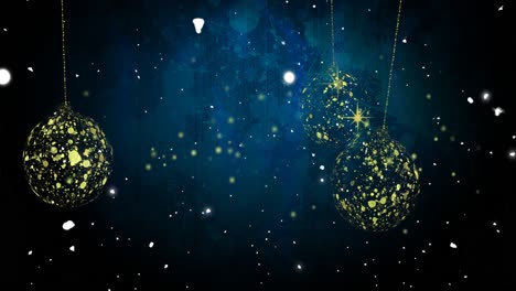 Animation-of-dots-falling-over-golden-baubles-on-blue-background