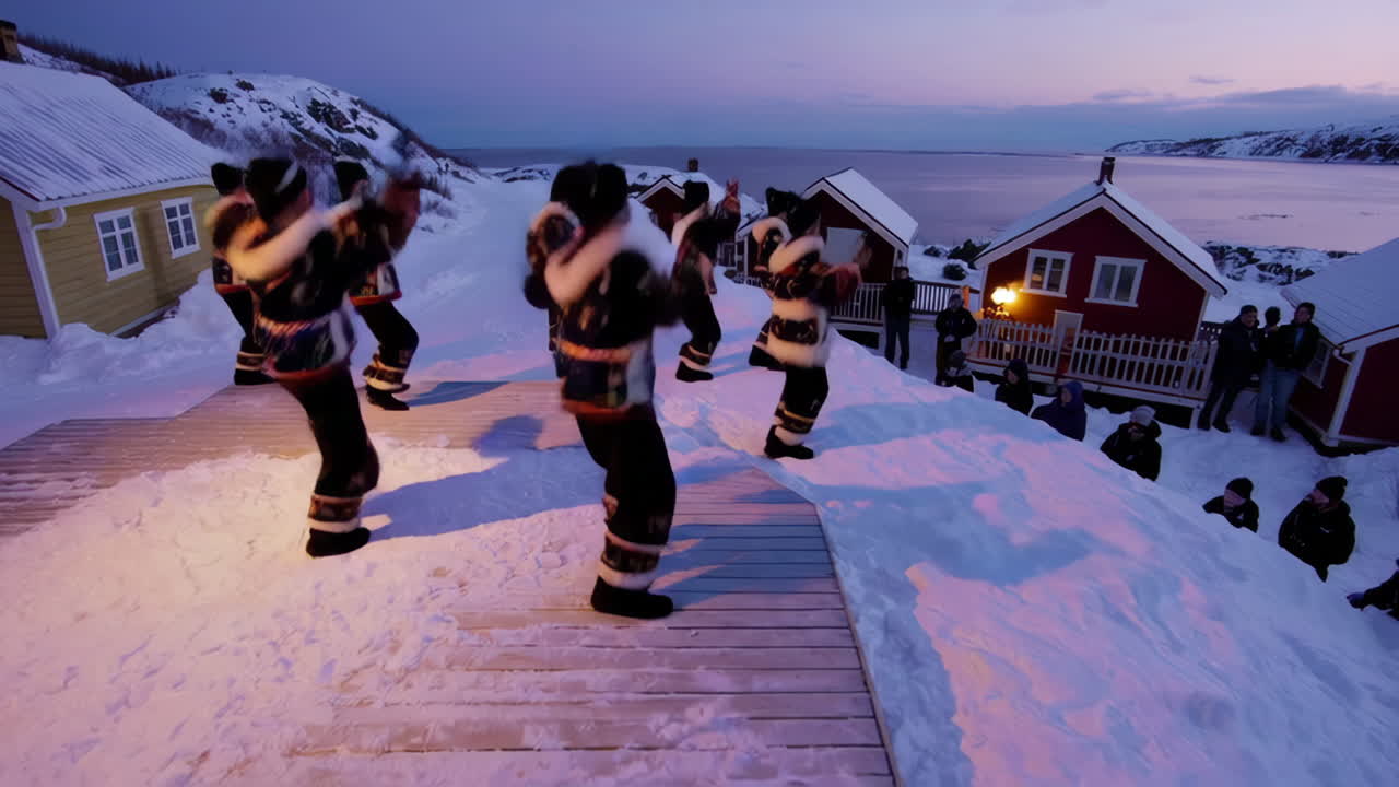 Inuit Dance Performance in a Northern Village at Dusk
