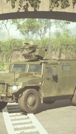 armored military car in big city