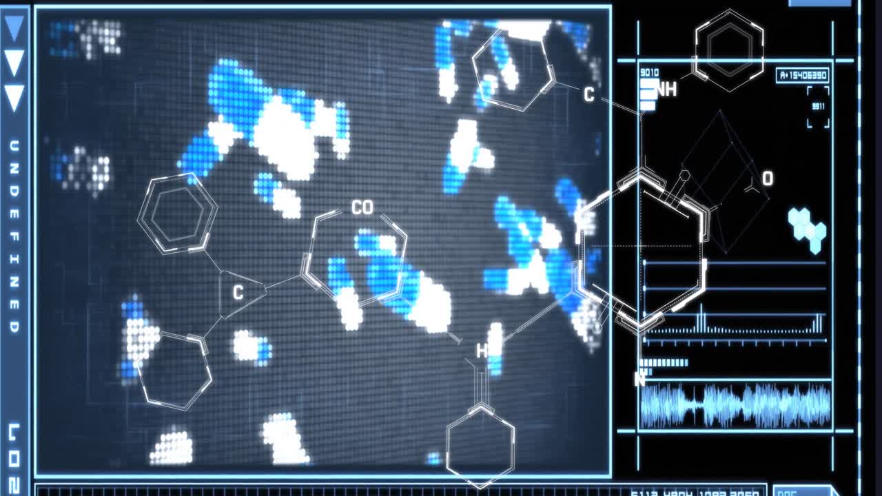 animación de fórmulas químicas en pantalla digital con bacterias y datos
