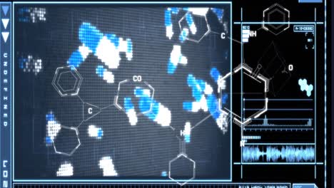 Animation-of-chemical-formulas-over-digital-screen-with-bacteria-and-data