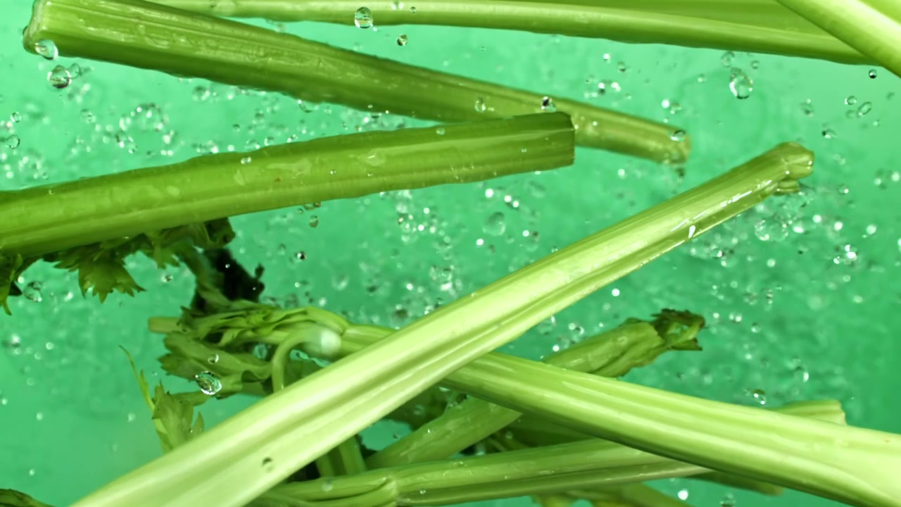 Fresh Green Celery Stalks Splashing in Water