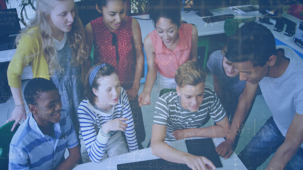 Animation of mathematical equations over smiling students using computer