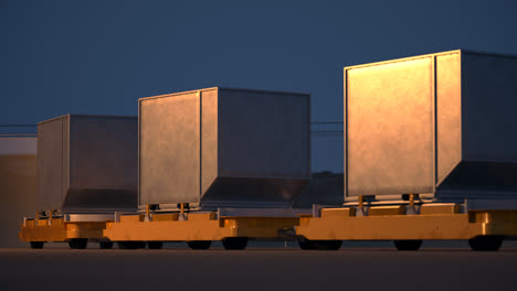 many rows of large cargo containers on a trailers standing on an airport surface with painted yellow lines. endless shot of blue loaded or empty containers. freight, transportation, shipping concept.