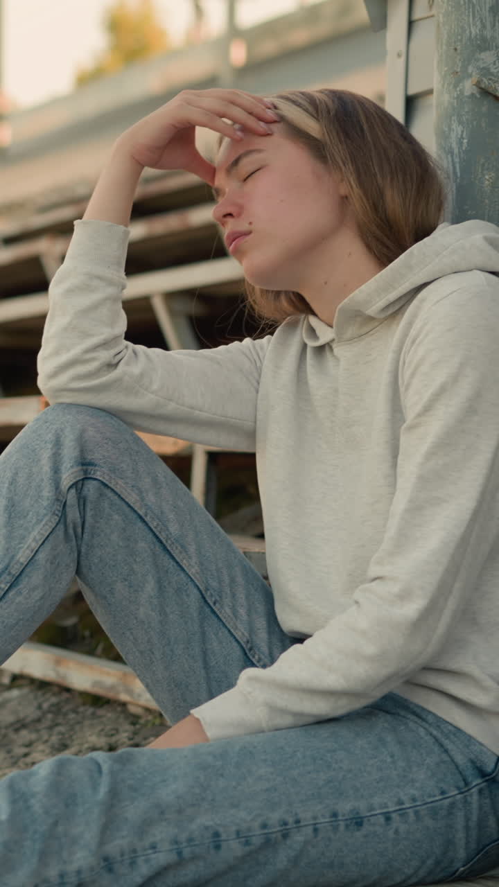Lady in jeans with thoughtful expression, hand resting on head, seated in stadium bleachers, background shows blurry figure moving in the stadium seat