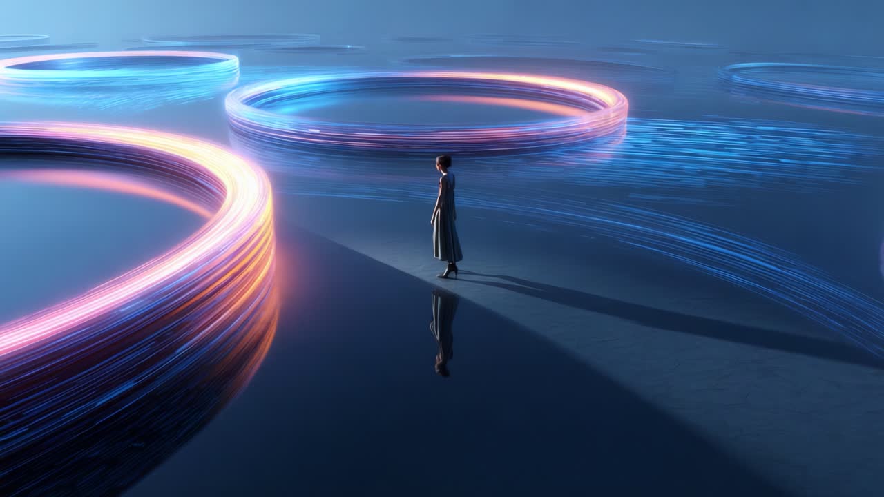 A solitary figure stands in a surreal digital landscape, surrounded by luminous rings of light that pulse and flow, creating a mesmerizing atmosphere of movement and tranquility in a futuristic world