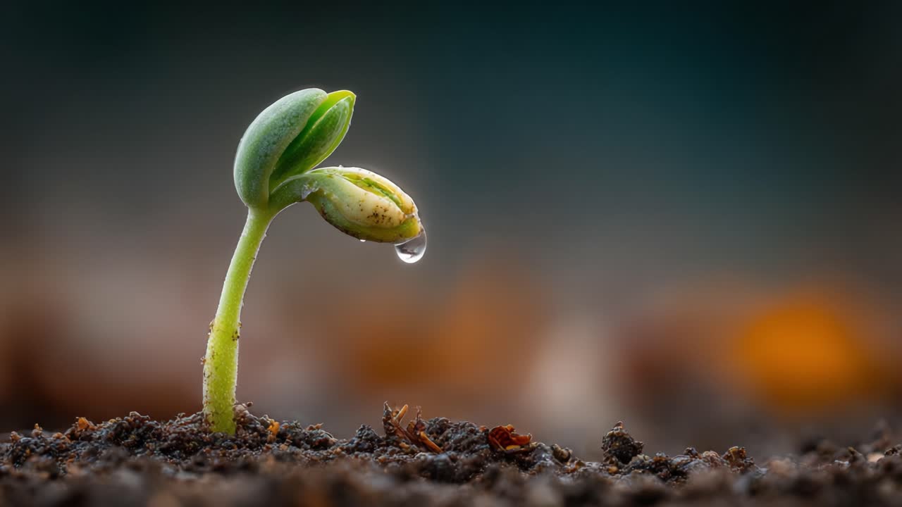 芽生えの旅路：発芽する種から、先端に朝露を宿した若い植物へと変貌を遂げる瞬間を捉える