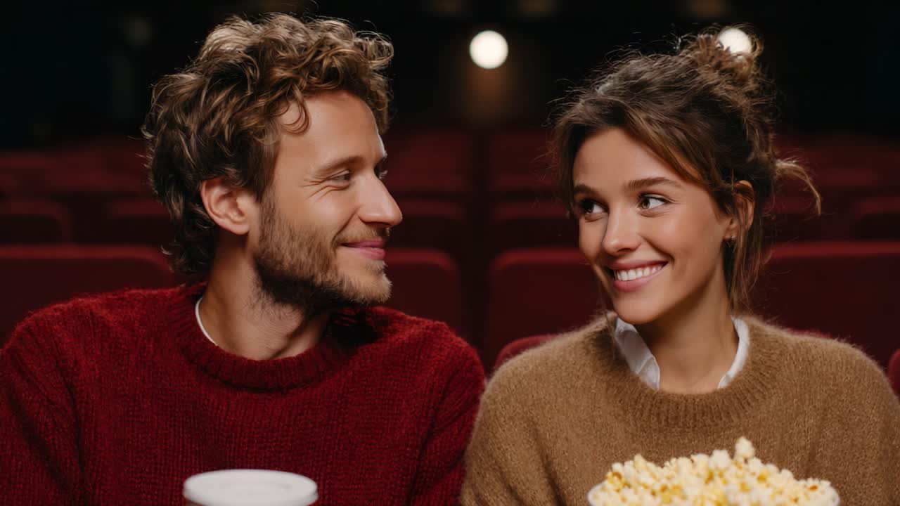 Un moment de cinéma joyeux : deux amis partagent des rires et du popcorn dans une atmosphère chaleureuse pendant une séance de cinéma