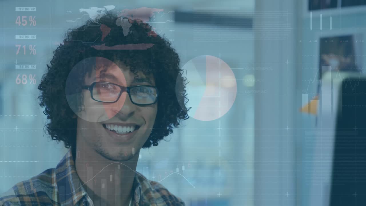 Animation of statistical data processing over biracial man using computer and smiling at office