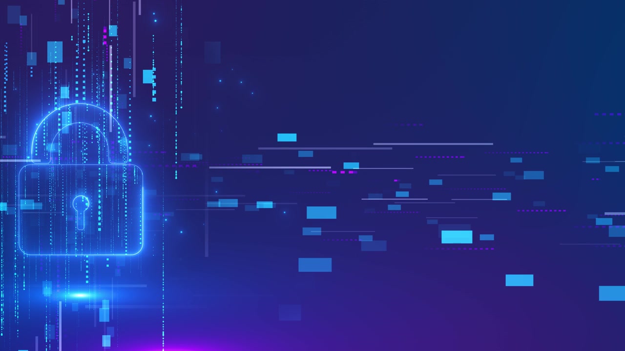 Blue cyber lock background glowing padlock falling code streams digital blocks modern security