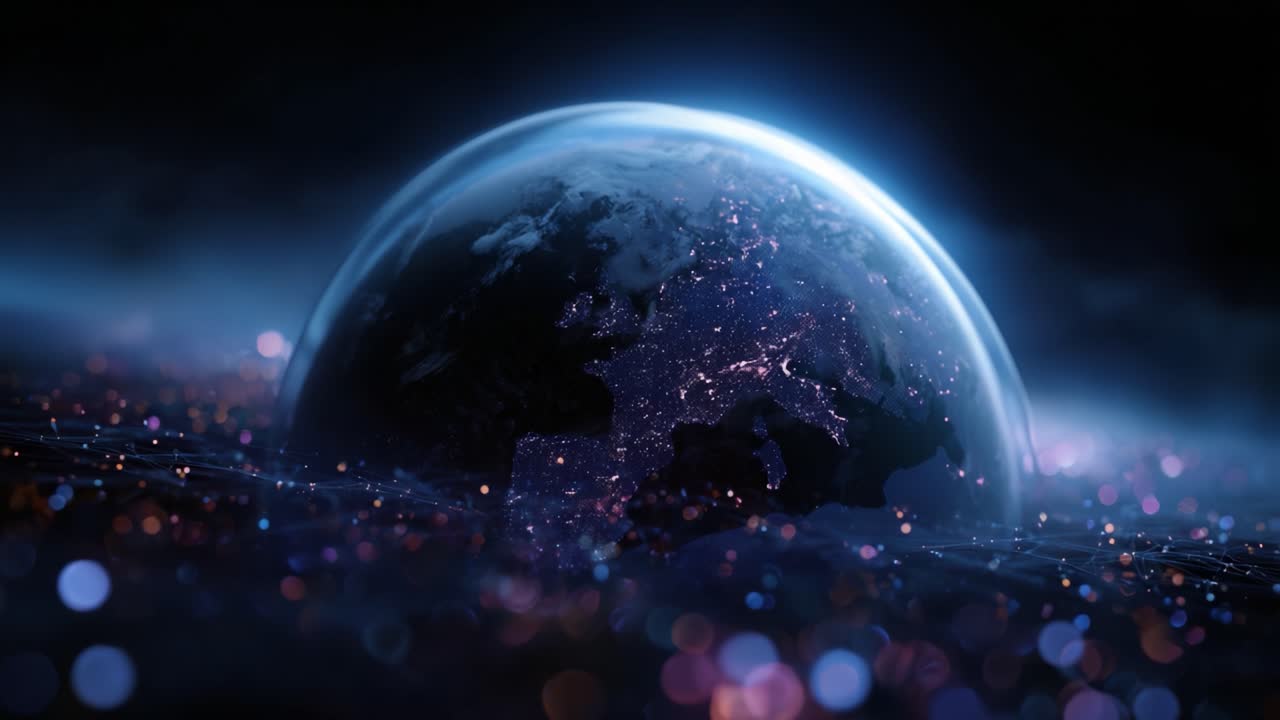 Ein atemberaubender Blick auf die Erde aus dem Weltraum bei Nacht, der die Schönheit unseres Planeten zeigt, beleuchtet von den Lichtern der Stadt und umgeben von einer mystischen Atmosphäre