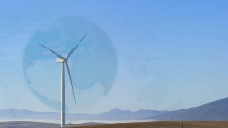 animation of globe over wind turbine in countryside