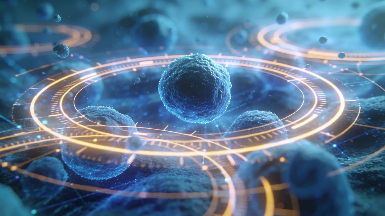 Activating HUD, scanning central textured spherical cell on micro lab substrate, mapping network