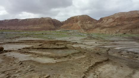 dead sea desert green after the rain, fly over, red mountain background, cloudy sky, drone shot