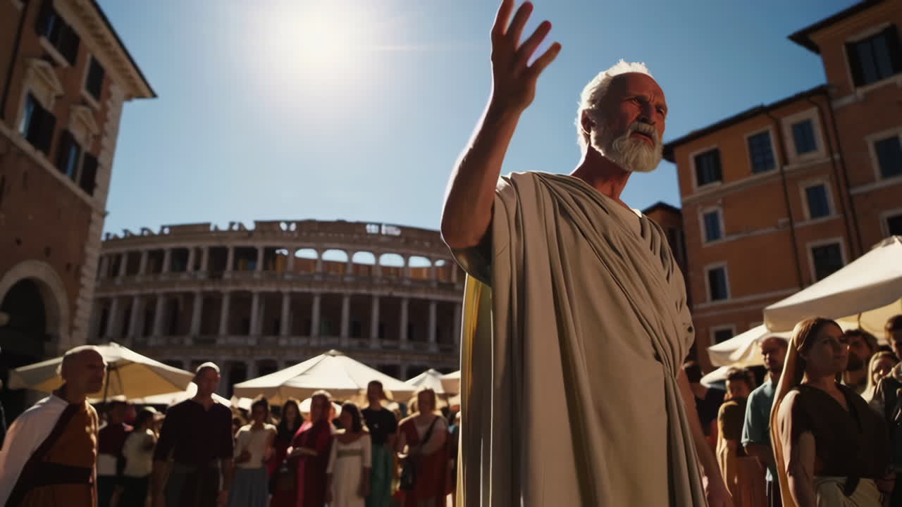 Elderly Man in Roman Attire in an Ancient Marketplace