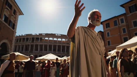 elderly man in roman attire in an ancient marketplace