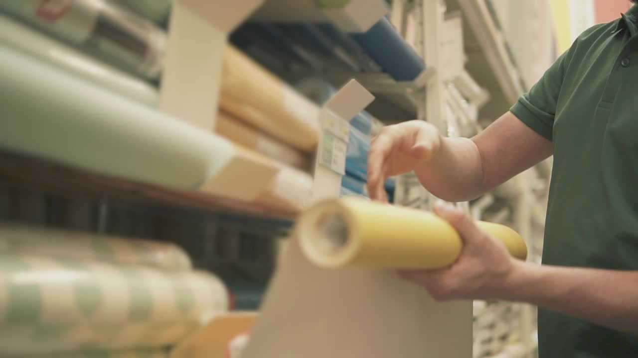 고객이 주택 개조 가게에서 벽지를 선택하고 있습니다.