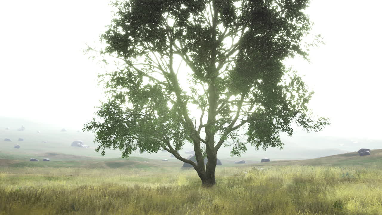 Majestic solitary tree stands tall in a sunlit meadow during a misty morning