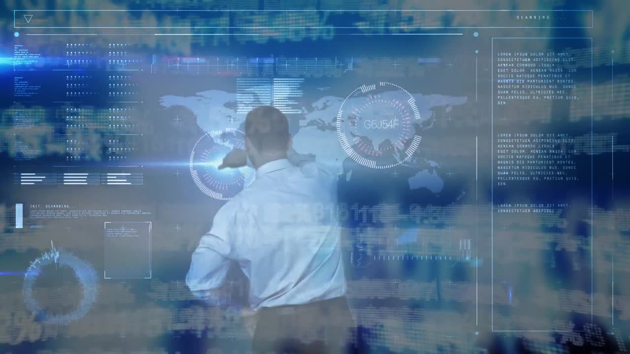 미래의 스크린을 사용하는 사업가