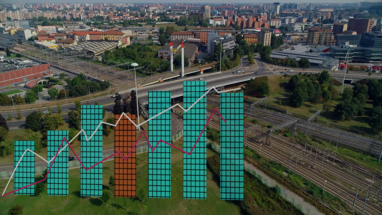 animación del procesamiento de datos financieros sobre el paisaje urbano