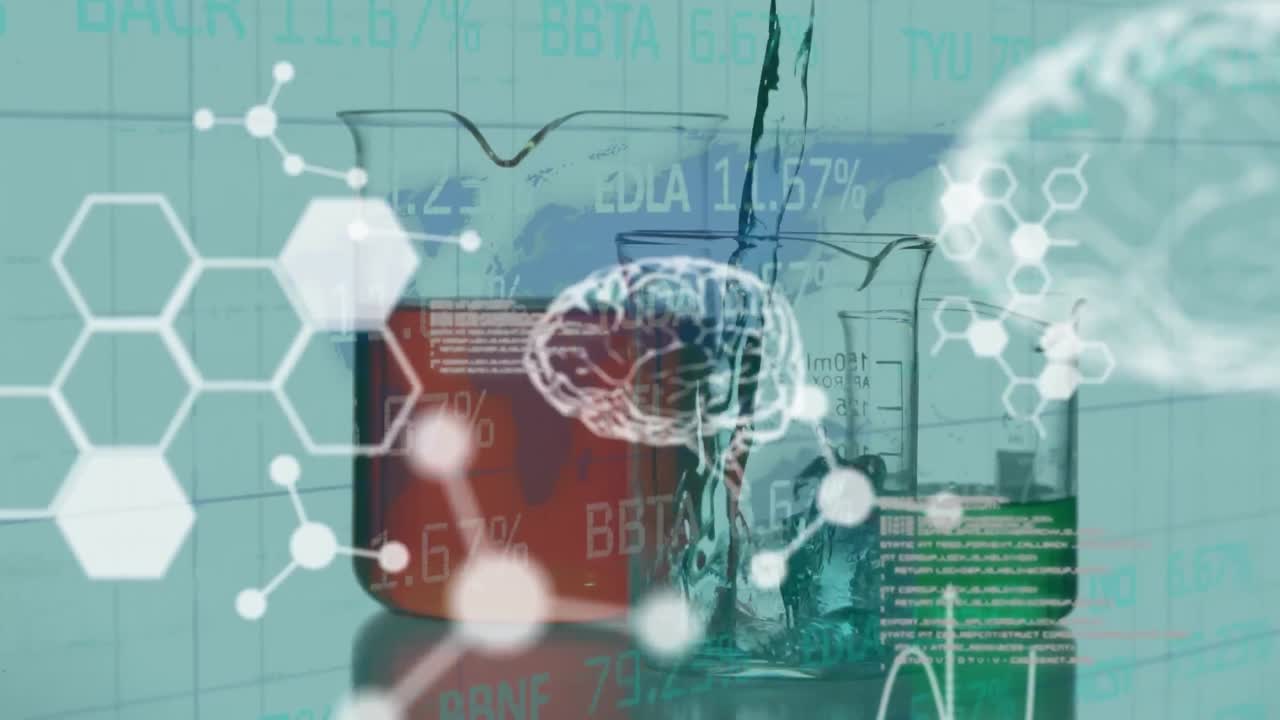 Animation of human brains and scientific data processing over laboratory beakers