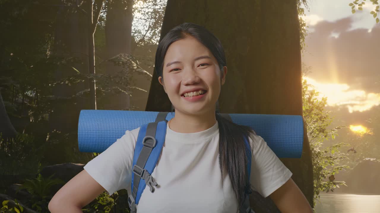 산악 배을 들고 있는 아시아 여성 하이커의 근접 사진. 숲의 자연을 탐험하는 동안 웃고 팔을 고 있는 아보