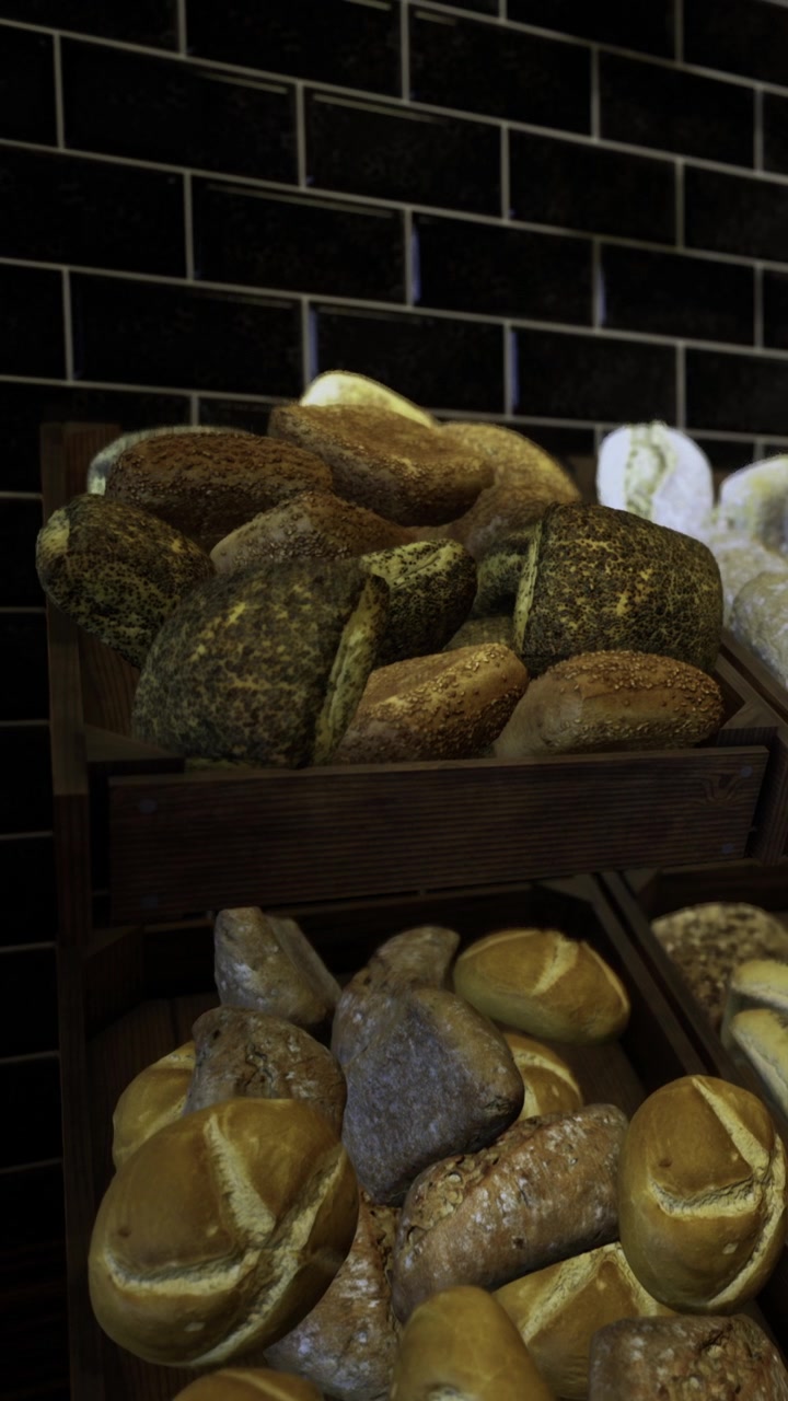 Fresh bread displayed in wooden racks inside a bakery shop during the day