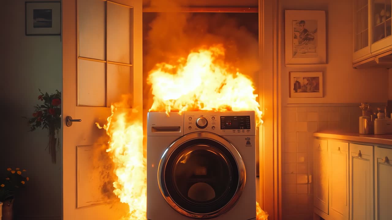 문을 열고 있는 부에서 불타는 세탁기