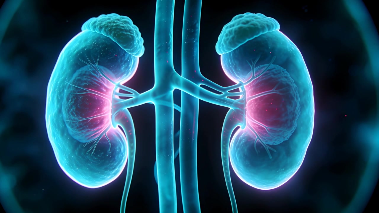 Frame animating kidneys with adrenals pulsing inner zones and vessels glowing in CGI for study