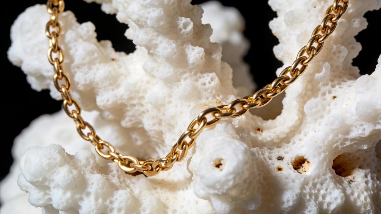 Cadena de oro que se desliza sobre coral blanco en una mesa de estudio mientras la cámara se desplaza, resaltando la textura.