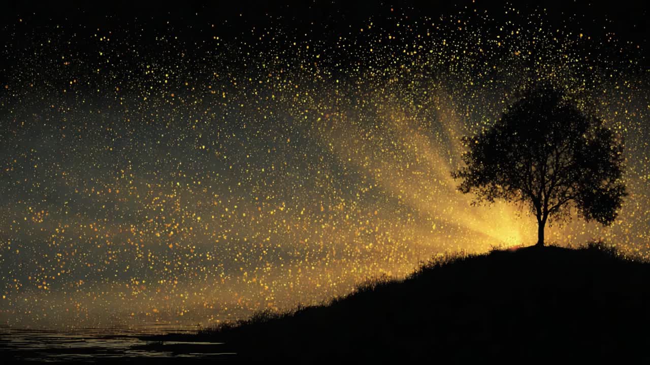 A Majestic Tree Silhouetted Against a Sparkling Night Sky, Illuminated by Radiating Light, Creating a Dreamlike Atmosphere Filled with Magic and Wonder