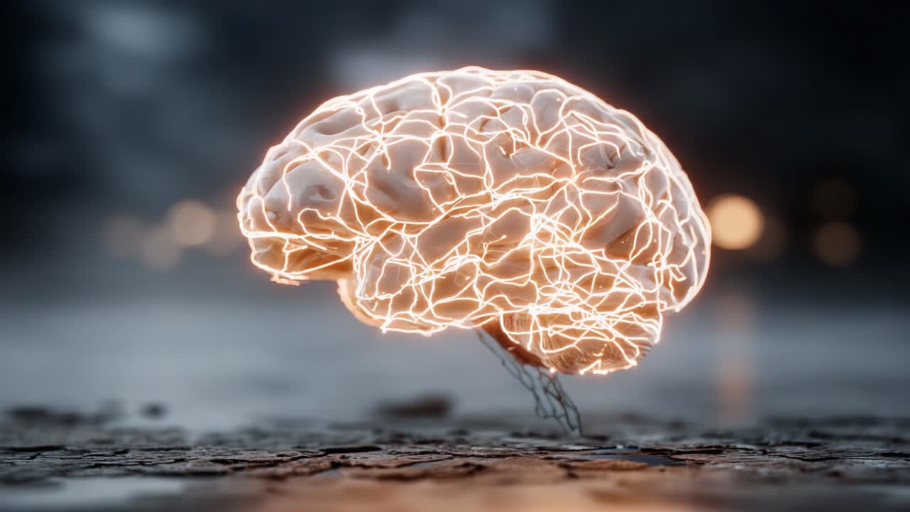 A Surreal Representation of Human Intelligence: A Glowing Brain Surrounded by Electrical Sparks Illuminates the Depths of Creativity and Thought in a Dreamlike Environment