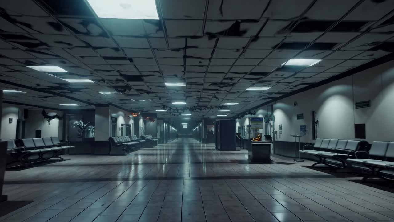 Dimly lit corridor in an abandoned terminal, showcasing peeling ceilings, empty benches, and eerie decorations, creating a haunting atmosphere of desolation and neglect