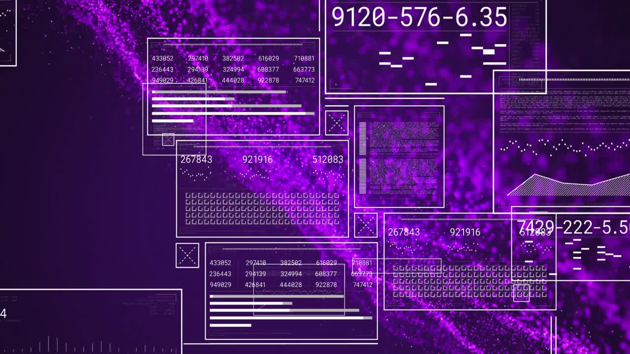 Animation of interface with data processing and glowing digital wave against purple background