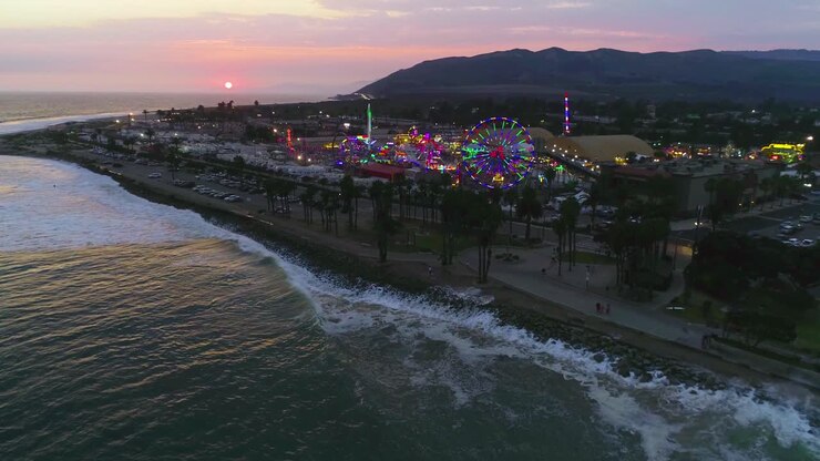 Sunset aerial over a large county fair and fair grounds with ferris wheel Ventura County Fair 1