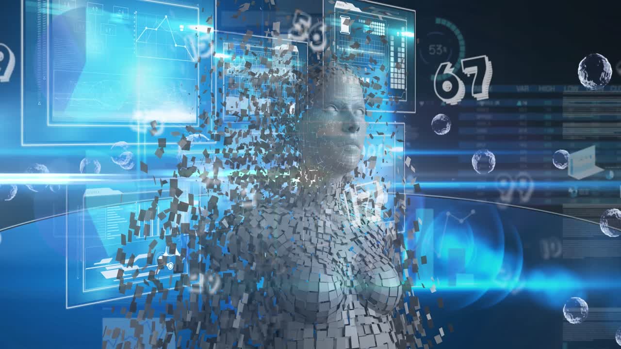 animación de números sobre el modelo del cuerpo humano e interfaz con el procesamiento de datos en fondo azul.