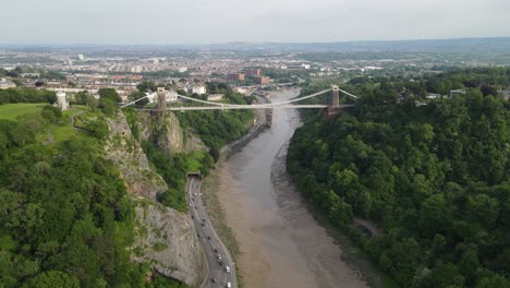 clifton suspension bridge with bristol city in background summer 2021 aerial footage