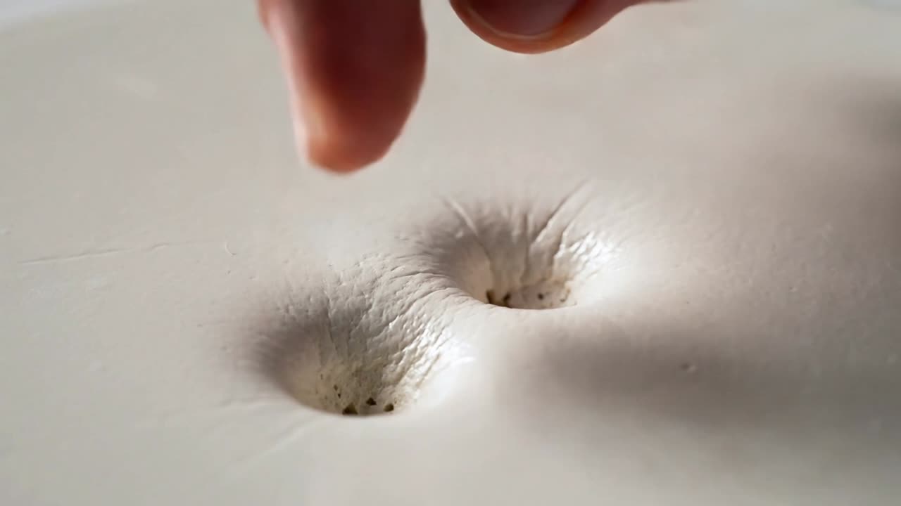 Approaching fingertip pressing pale foam, forming dimples that deepen and merge, showing resilience