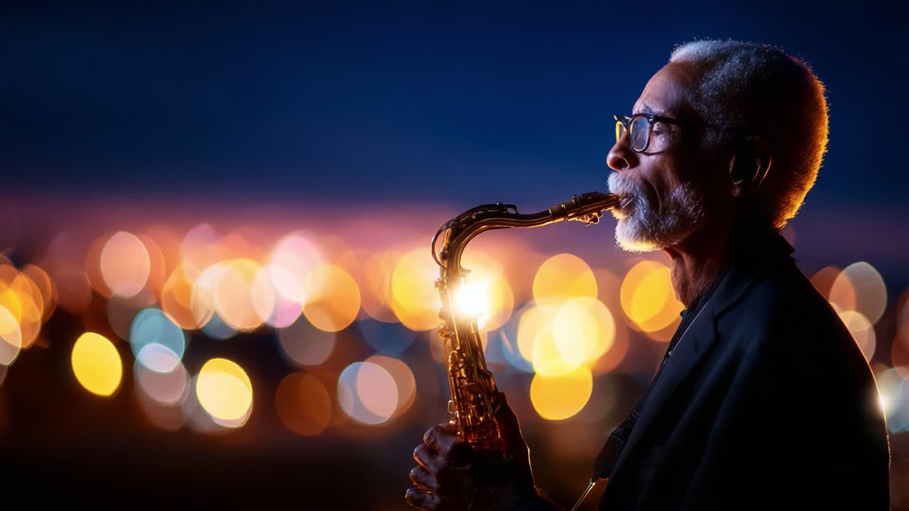 Un sassofonista pieno di sentimento suona sotto un cielo crepuscolare, illuminando la notte con note jazz melodiche in uno straordinario paesaggio urbano pieno di luci scintillanti della città
