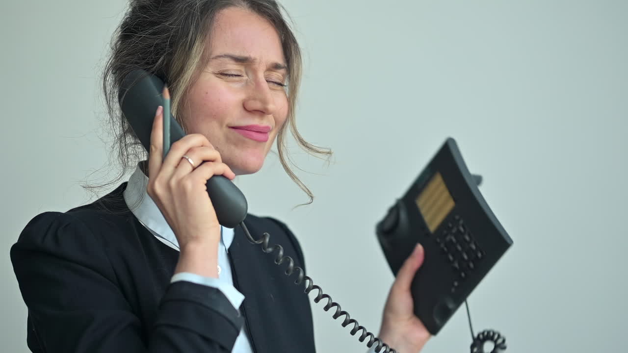 Businesswoman in office clothes struggling with a phone call, hitting the telephone, showing stress and frustration at work