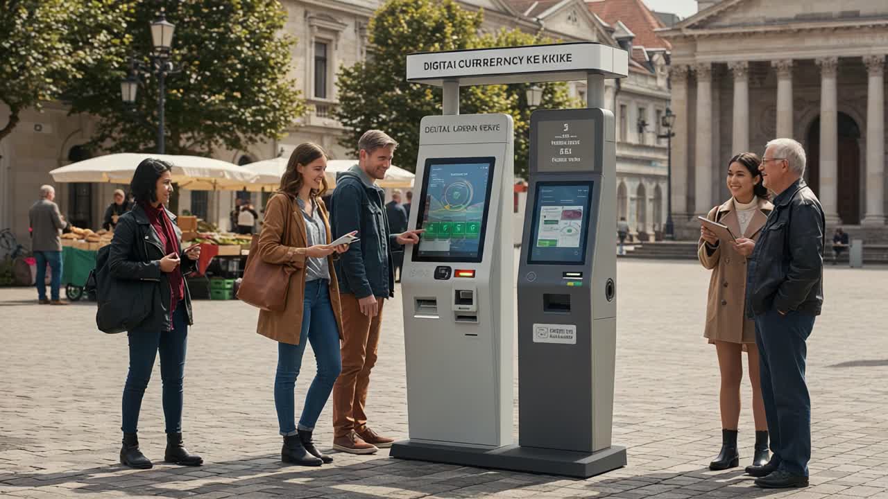 Esplorando la Valuta Digitale: Un Gruppo di Persone Impegnate con Chioschi Bancomat Interattivi in una Vivace Piazza Pubblica, Abbracciando la Tecnologia Moderna e l'Innovazione Finanziaria.