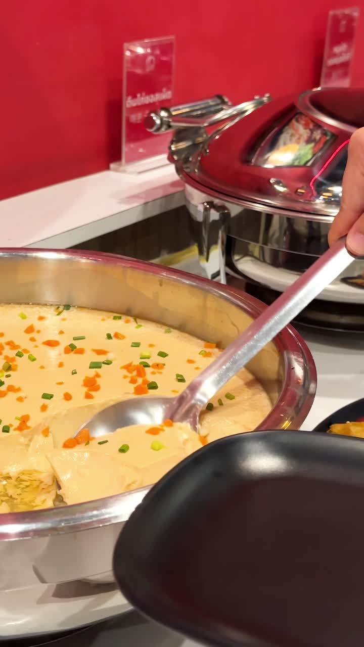 A spoon serves steamed egg from a buffet tray onto a plate in a vibrant restaurant setting