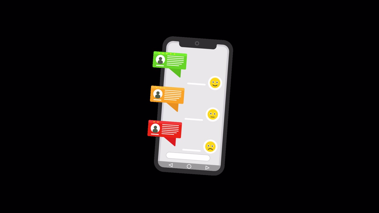 Smartphone animato con messaggi di chat ed emoji di feedback emotivo