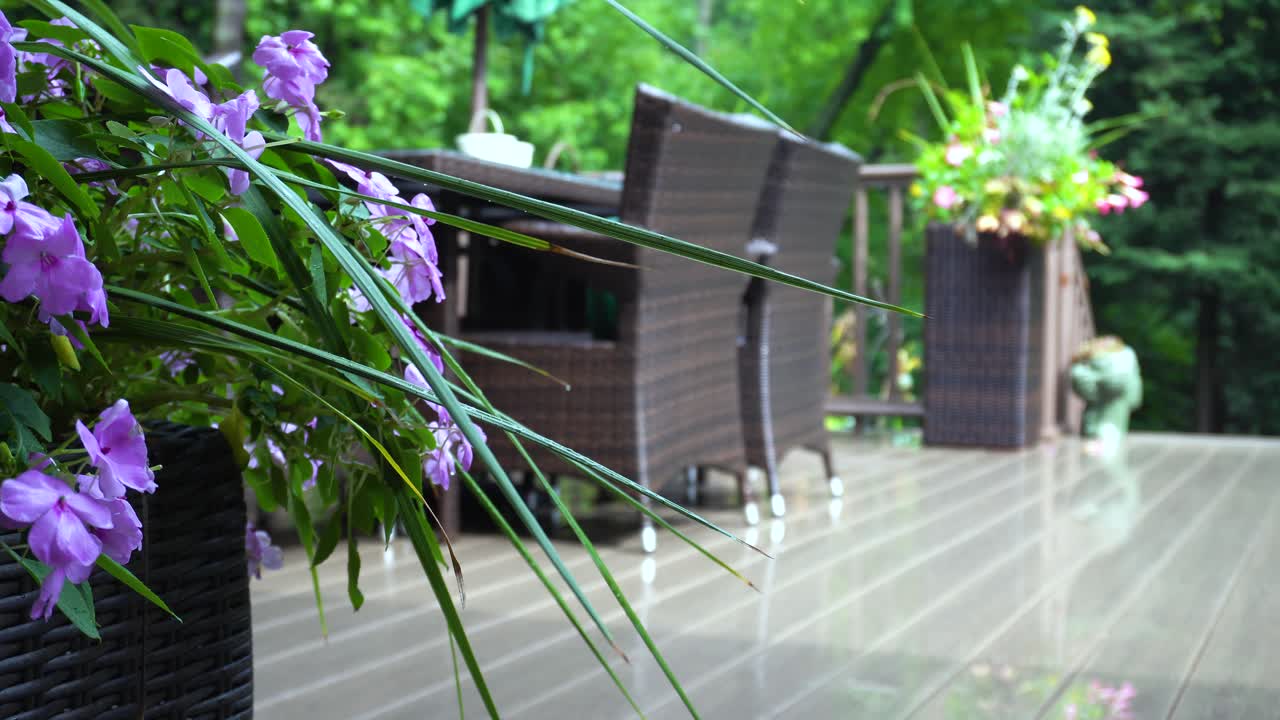 Suburban deck with lush background