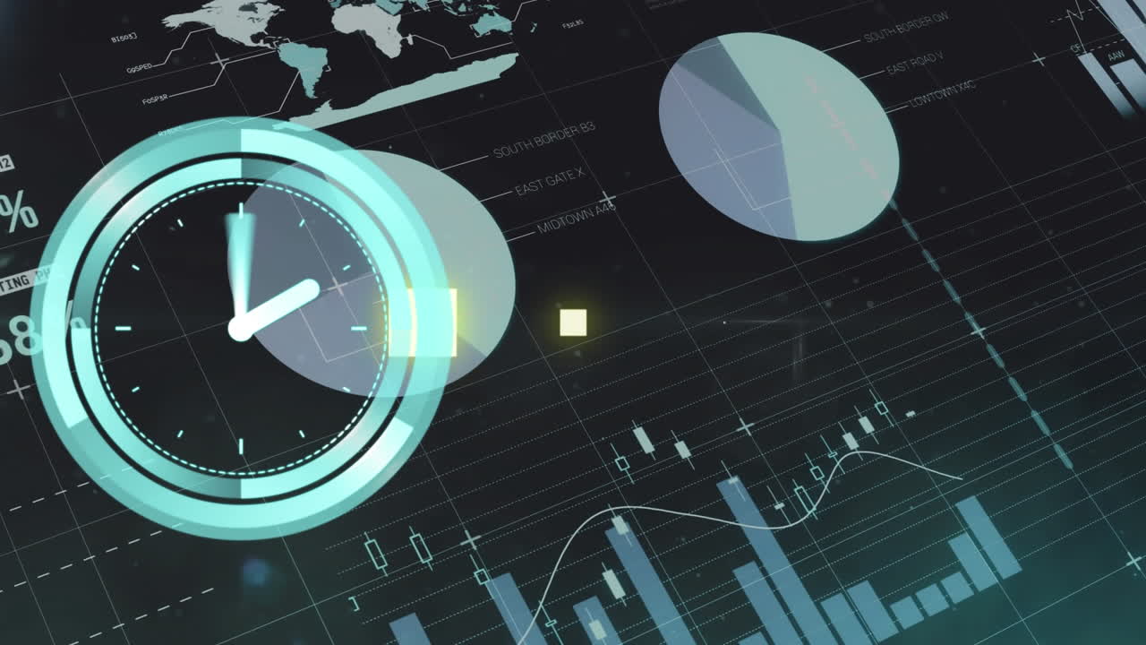 검은색 배경에 대한 통계 데이터 처리에 대한 네온 타이킹 시계의 애니메이션