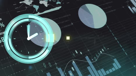 animación del reloj de neón sobre el procesamiento de datos estadísticos contra un fondo negro