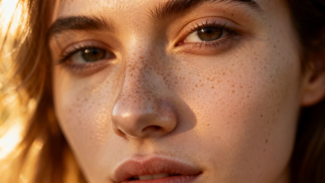 Holding woman's contemplating gaze toward lens at golden hour, sunlight shifting across freckles