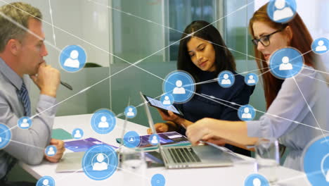 collaborating in office, business team with animation of digital network icons