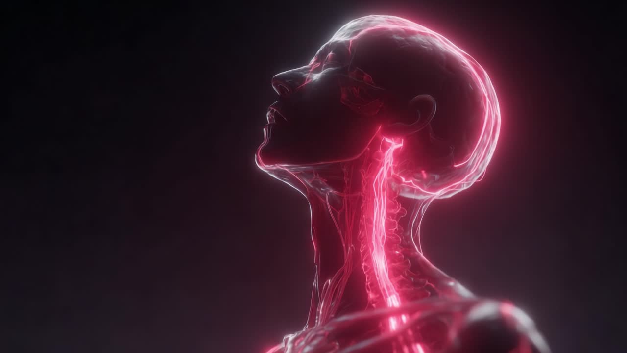 Una Visualizzazione Sorprendente dell'Anatomia Umana: Rosso Neon che Evidenzia le Complessità del Collo e della Testa, Mostrando le Intricate Strutture e la Fisiologia Umana