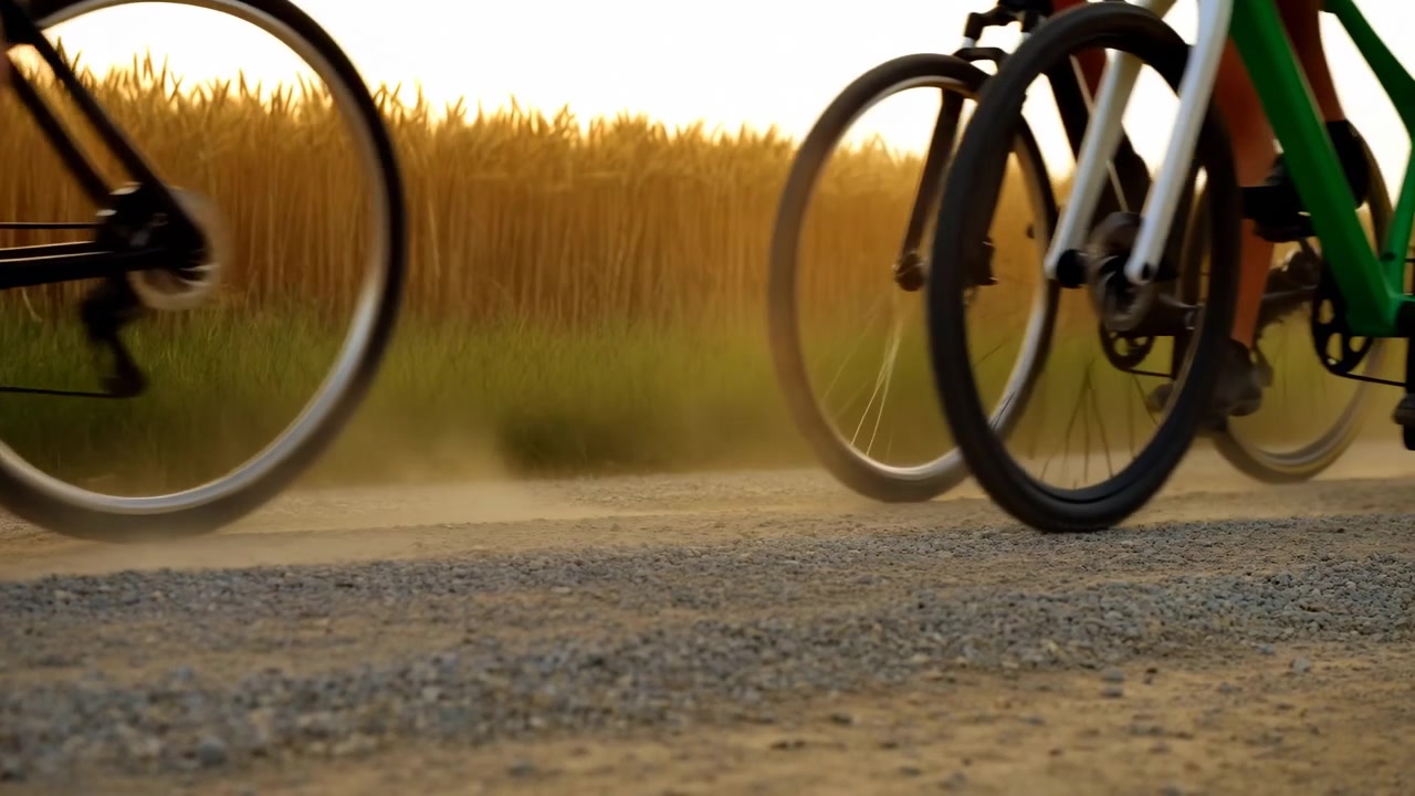 Cyklister cykler langs en tekstureret grusvej ved siden af en høj hvedemark under varmt solnedgangslys, med støv, baggrundsbelyste ben og et landskab.